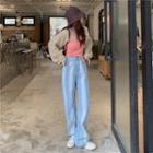 Color-block Washed Wide Leg Jeans