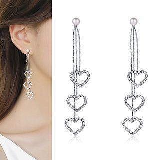 925 Sterling Silver Faux Pearl Rhinestone Heart Fringed Earring Heart - Silver - One Size