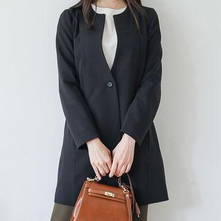 Collarless One-button Wool Blend Coat