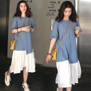 Elbow-sleeve Irregular Two-tone A-line Midi Dress