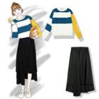 Color Block Sweater / Irregular Hem Midi A-line Skirt