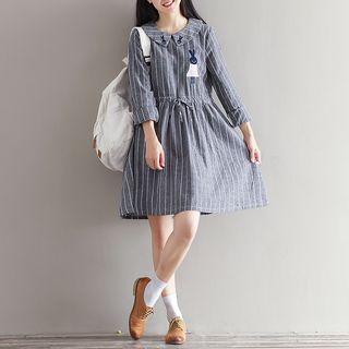 Rabbit Embroidered Striped Collared Long Sleeve Dress