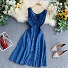 Denim Sleeveless Midi A-line Dress Blue - One Size