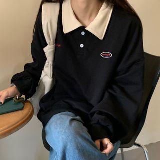 Polo Neck Color Block Lettering Sweatshirt
