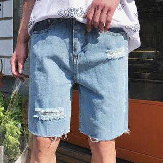 Washed Ripped Knee-length Denim Shorts