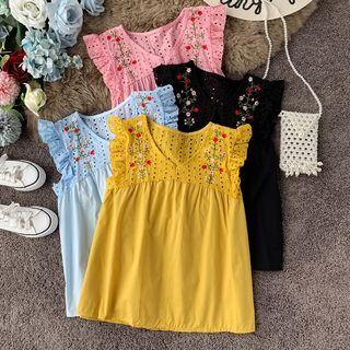 Frill-sleeve Floral Embroidered Blouse