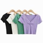 V-neck Short-sleeve Ribbed Cropped Top