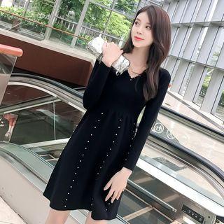Beaded Long-sleeve V-neck A-line Dress