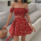 Set: Floral Print Off-shoulder Crop Top + Mini Skirt