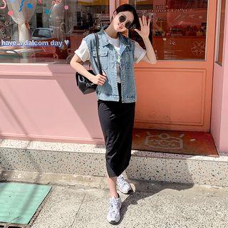 Fray-trim Denim Vest Light Blue - One Size