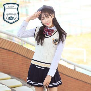 Set: Plain Shirt + Cable Knit Vest + Bow Tie + Pleated Skirt / Set: Plain Shirt + Cable Knit Vest + Necktie + Plain Shirt
