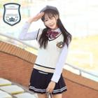 Set: Plain Shirt + Cable Knit Vest + Bow Tie + Pleated Skirt / Set: Plain Shirt + Cable Knit Vest + Necktie + Plain Shirt