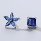 Flower Square Faux Crystal Asymmetrical Sterling Silver Earring 1 Pair - Earring - Crystal - Blue - One Size