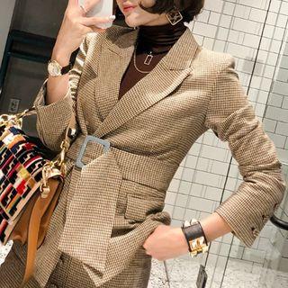 Set: Houndstooth Blazer With Belt + Buttoned Midi Pencil Skirt