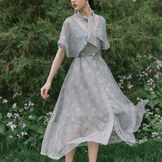 Tie Neck Lace Panel Midi A-line Dress