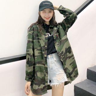 Buttoned Camouflage Print Jacket Army Green - One Size