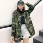 Buttoned Camouflage Print Jacket Army Green - One Size