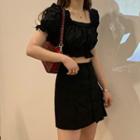 Balloon-sleeve Shirred Cropped Blouse / A-line Skirt