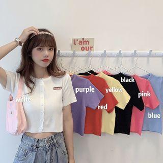 Short-sleeve Logo Embroidered Cropped Knit Top