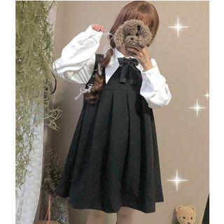 Plain Shirt/ Bow Tie/ Pinafore Dress