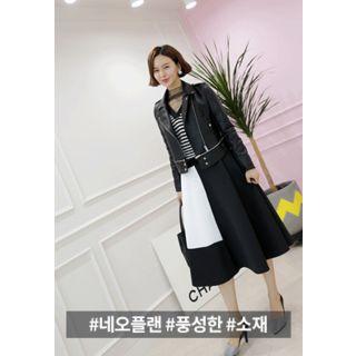 Color-block Neoprene Midi Flare Skirt