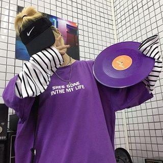 Long-sleeve Striped Panel Lettering T-shirt As Shpwn In Figure - One Size