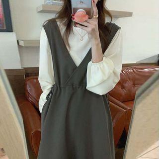 Flower Trim Collar Plain Shirt / Drawstring V-neck Tank Dress
