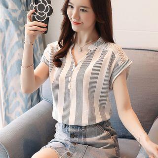 Lace Panel Striped Short Sleeve Shirt