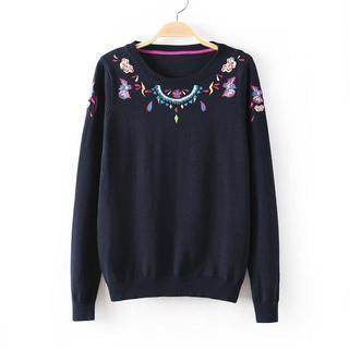 Long-sleeve Embroidered Knit Top