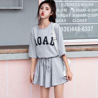 Set: 3/4-sleeve Letter T-shirt + Wide-leg Shorts