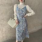 Spaghetti Strap Heart Print Lace Trim Split Dress / Turtleneck Lace Top