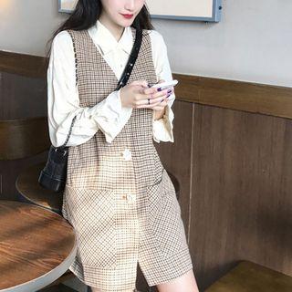 Long Sleeve Plain Shirt / Plaid V-neck Tank Dress