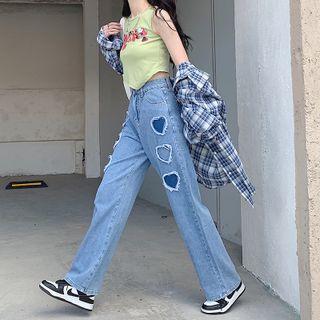 Heart Fray Hem Wide-leg Jeans