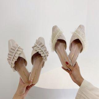 Faux Pearl Ruffle Trim Flat Mules