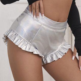 High-waist Faux Leather Ruffled-trim Shorts
