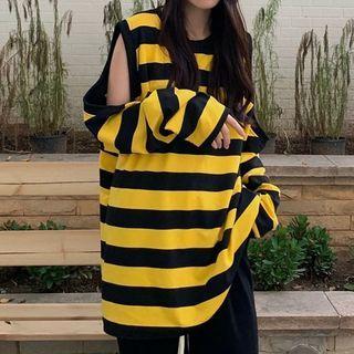 Striped Cold Shoulder Sweatshirt Stripe - Black & Yellow - One Size