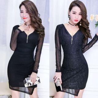 V-neck Zip Striped Sheath Dress