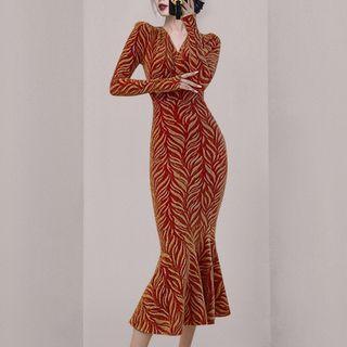 V-neck Printed Midi Mermaid Dress
