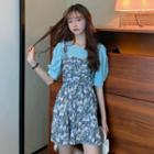 Puff-sleeve T-shirt / Floral Print Ruffled Overall Dress