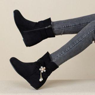 Hidden Wedge Faux Pearl Floral Charm Short Boots