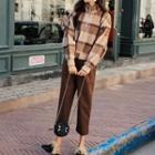 Set: Stand Collar Plaid Pullover + Cropped Straight Cut Pants