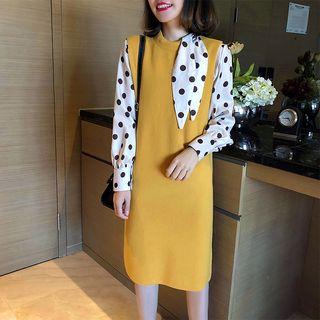 Set: Polka Dot Blouse + Knit Pinafore Dress