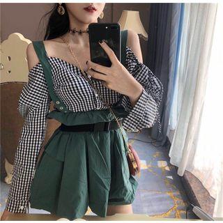 Long-sleeve Cold-shoulder Plaid Blouse / Mini Jumper Skirt With Belt