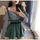 Long-sleeve Cold-shoulder Plaid Blouse / Mini Jumper Skirt With Belt