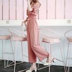 Set: Short-sleeve Crop Top + Straight Fit Pants