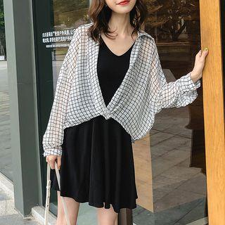 Set: Plaid Blouse + V-neck Sleeveless A-line Dress