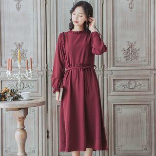 Long-sleeve Frill Trim Midi A-line Dress