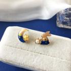 Rabbit Moon & Star Asymmetrical Alloy Earring 1 Pair - Stud Earrings - Blue & Gold - One Size