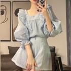 Puff-sleeve Blouse / A-line Mini Skirt