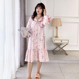 Rabbit Print Collared Long-sleeve Sleep Dress